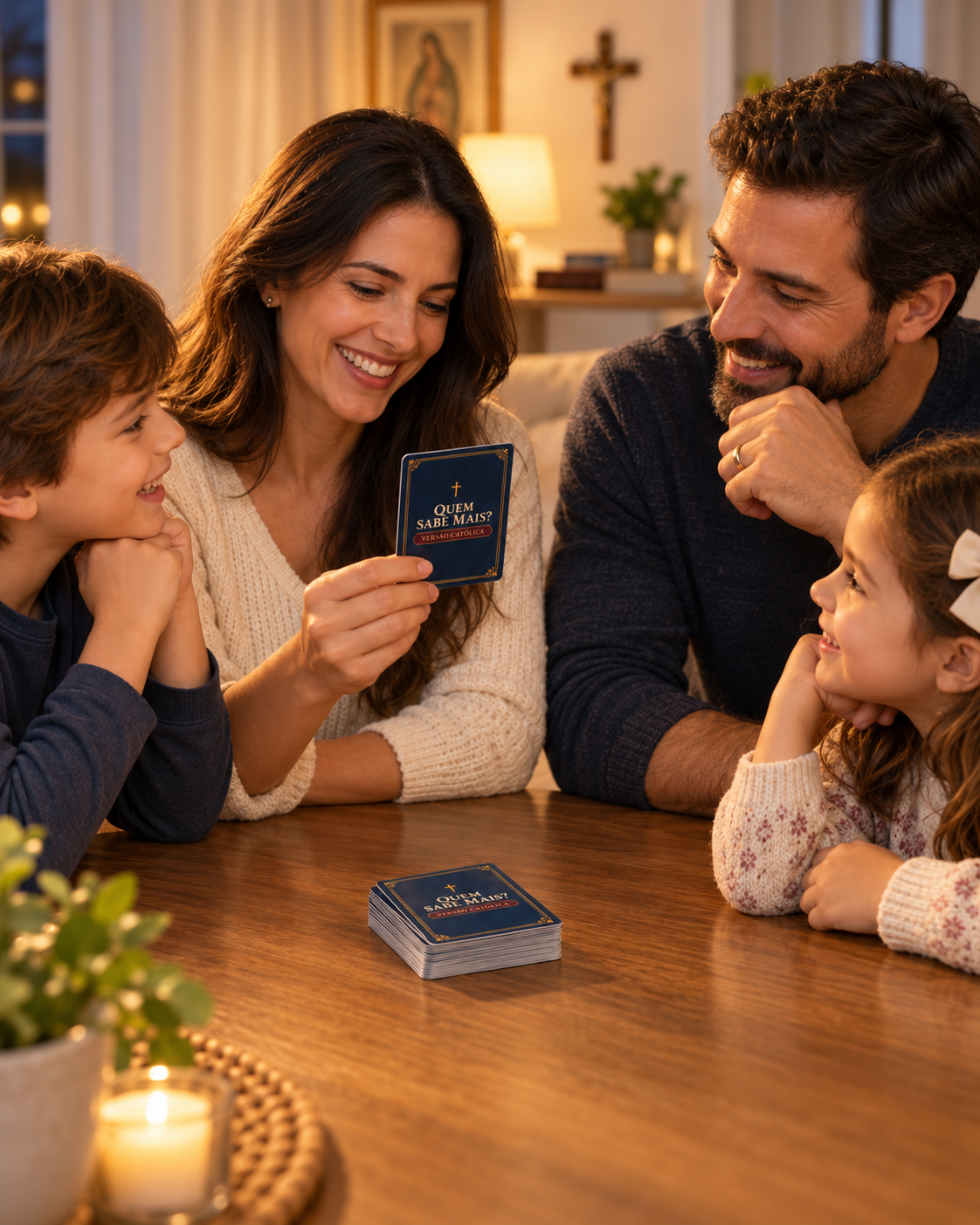 Família jogando Quem Sabe Mais? Versão Católica em casa.