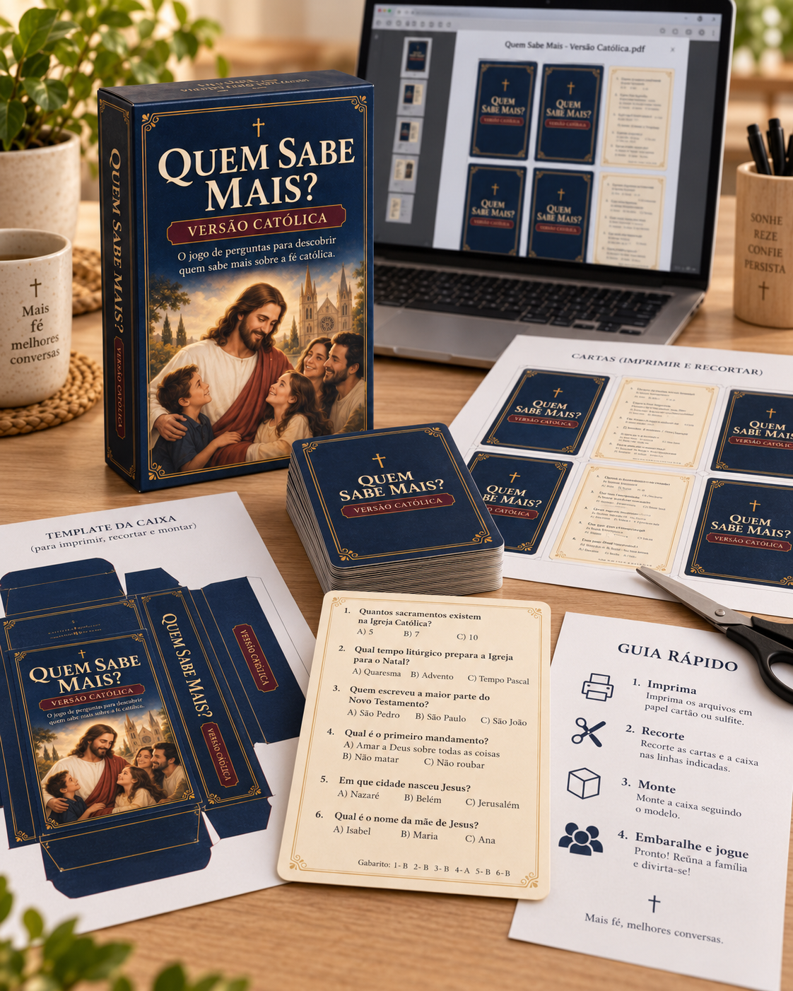 Arquivos digitais imprimíveis, cartas, guia e molde da caixa do Quem Sabe Mais? Versão Católica.