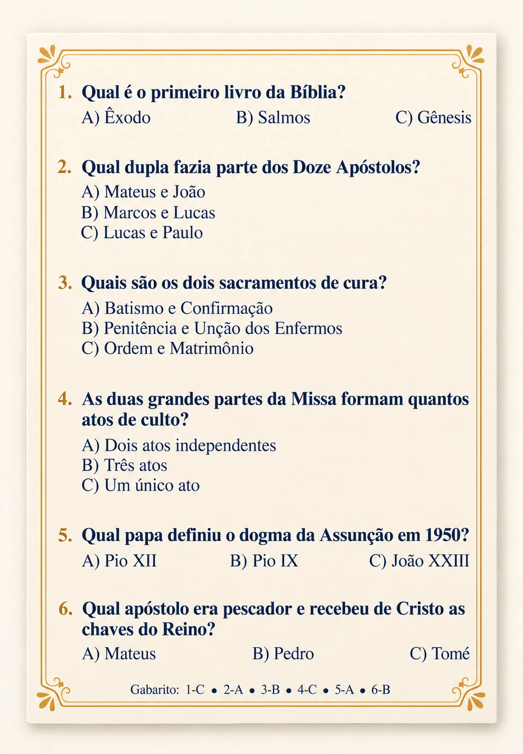 Outra carta real do jogo com 6 perguntas diferentes, alternativas e gabarito; a primeira pergunta é: Qual é o primeiro livro da Bíblia?